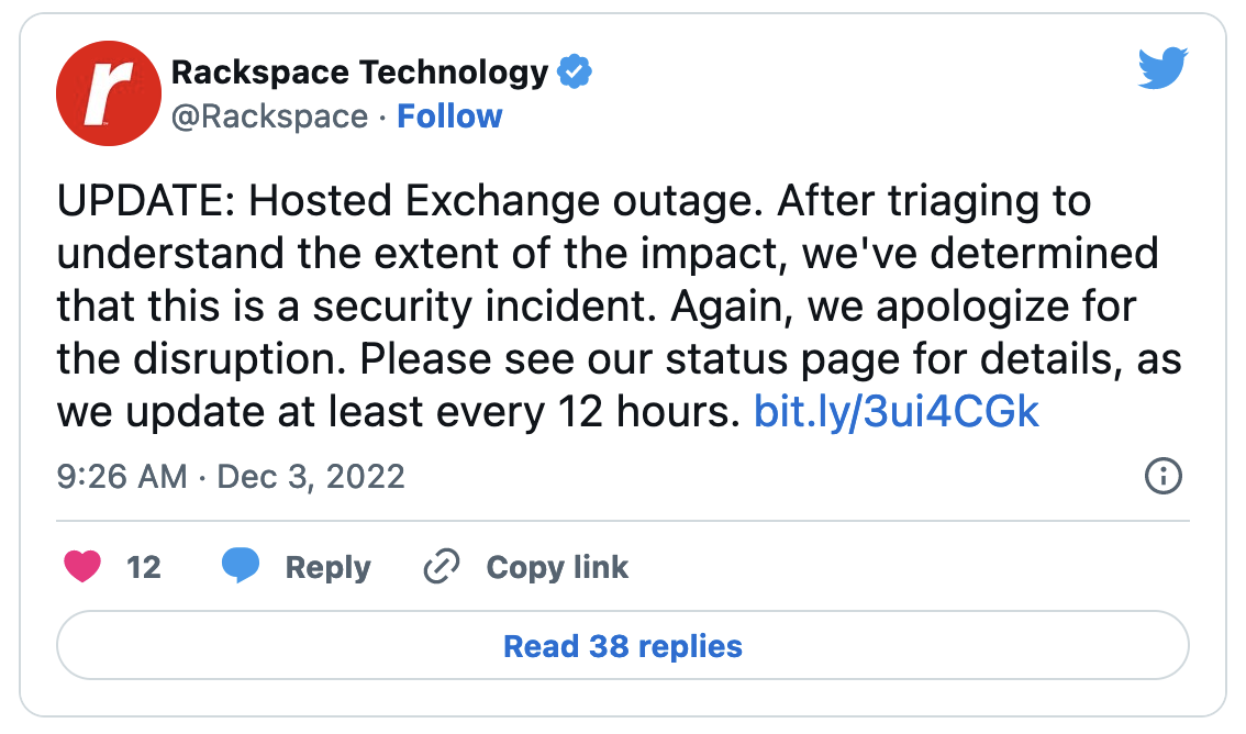 Rackspace Ongoing Exchange outage caused by security incident